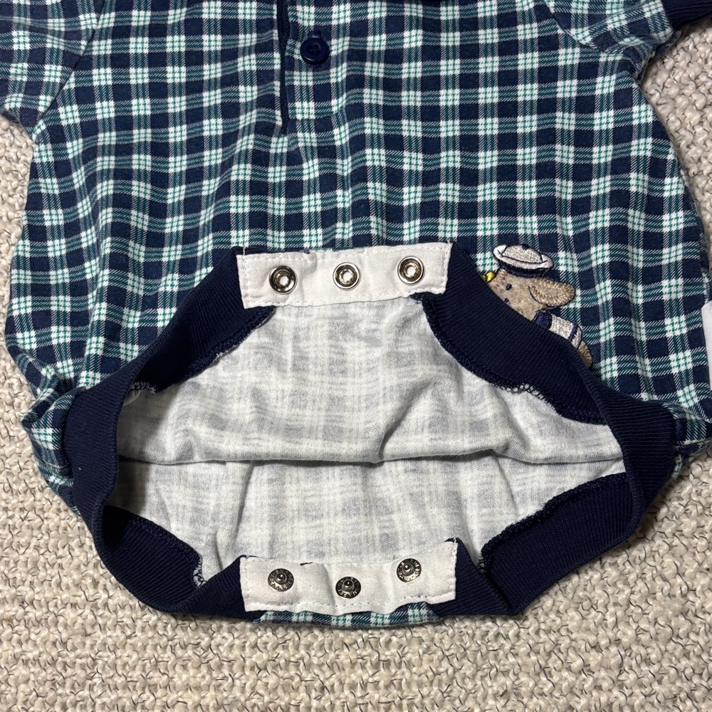 Vintage 80s/90s HealthTex Baby Romper Gingham Navy Embroidered Sailor Dog - Picture 8 of 10